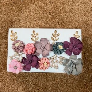 Floral Embellished Clutch in White and Pink